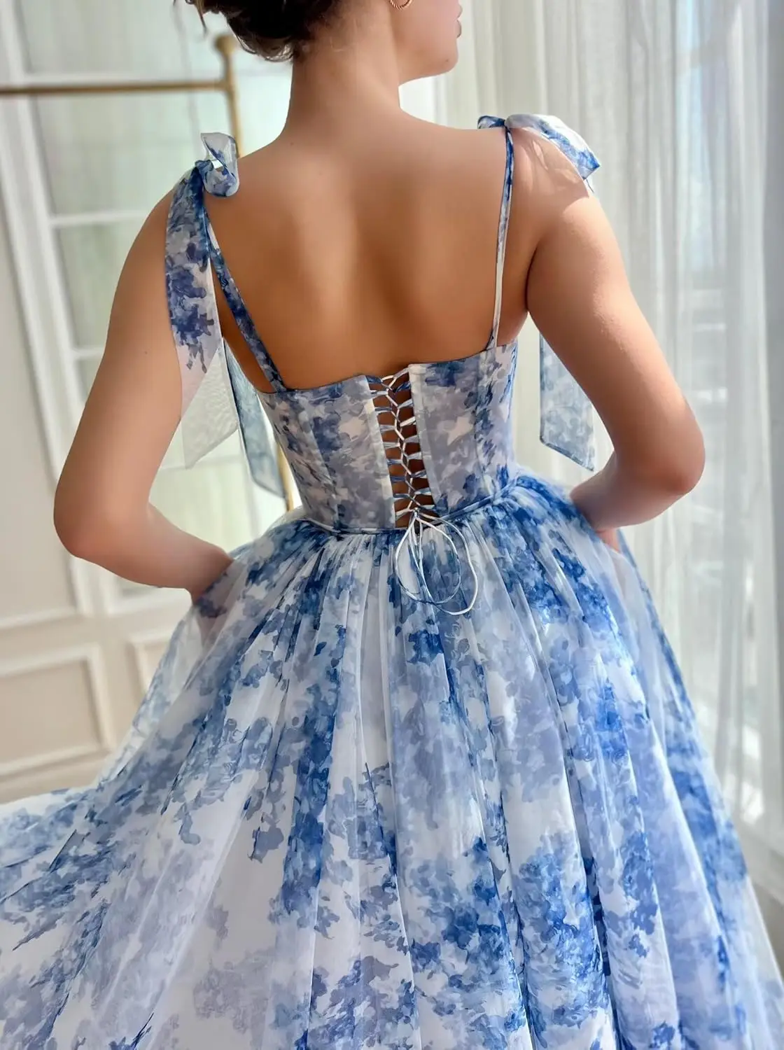 Women’s Floral Print Tulle Prom Dresses Tea Length Corset A Line Fairy Formal Evening Party Gowns Formal Dress Women Elegant - Image 3
