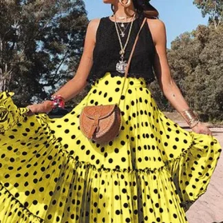 Spring Summer New High Waist Polka Dot Printed Long Skirt Beach Big Hem Boho Skirt Elegant Loose Ruffled Pleated Skirt Female