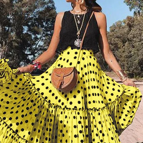 Spring Summer New High Waist Polka Dot Printed Long Skirt Beach Big Hem Boho Skirt Elegant Loose Ruffled Pleated Skirt Female