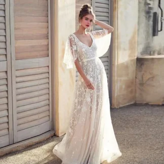 Polyester Dress Women Lace Dress Elegant Lace Flared Sleeve Wedding Dress with V Neck Open Back Boho Beach Bridal Ball for Bride
