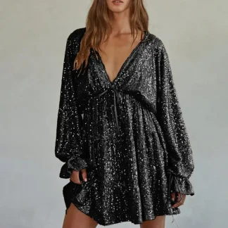 Women Sequin Dress Shimmering Deep V Neck Lady Party Dress Solid Color Long Sleeve Bow Lace-up Strap Loose Dress for Dating