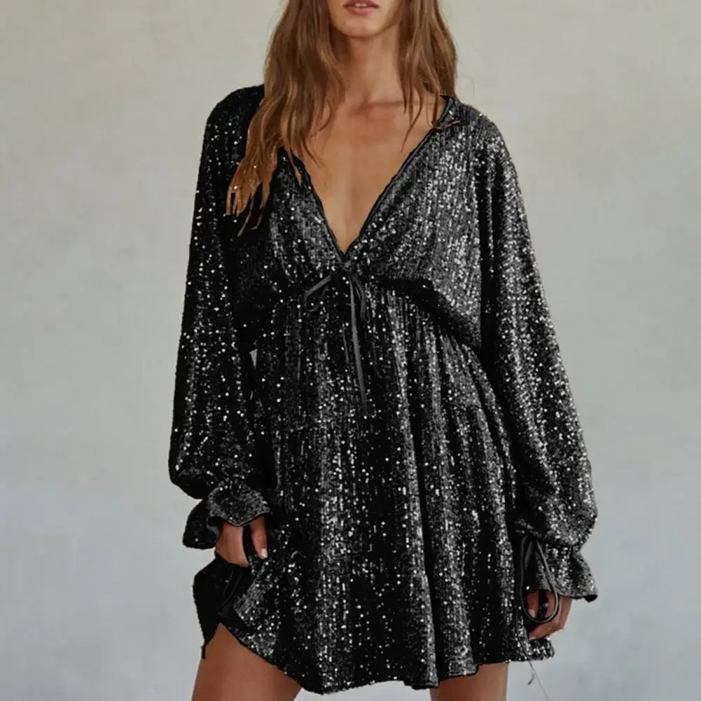 Women Sequin Dress Shimmering Deep V Neck Lady Party Dress Solid Color Long Sleeve Bow Lace-up Strap Loose Dress for Dating