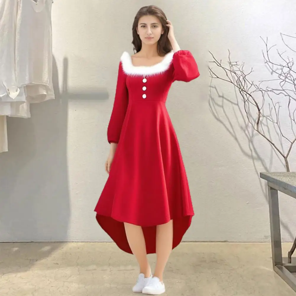 Women Holiday Red Dress Christmas Performance Dress Square Neck White Ripped Edges Dress Santa Cosplay Outfit Women Maxi Dresses - Image 2