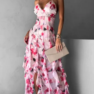 Pink Floral Print Spaghetti Strap Ruffled Hem Maxi Dress Women V-neck Robe 2025 New Summer Party Leisure Event Lady Vestidos