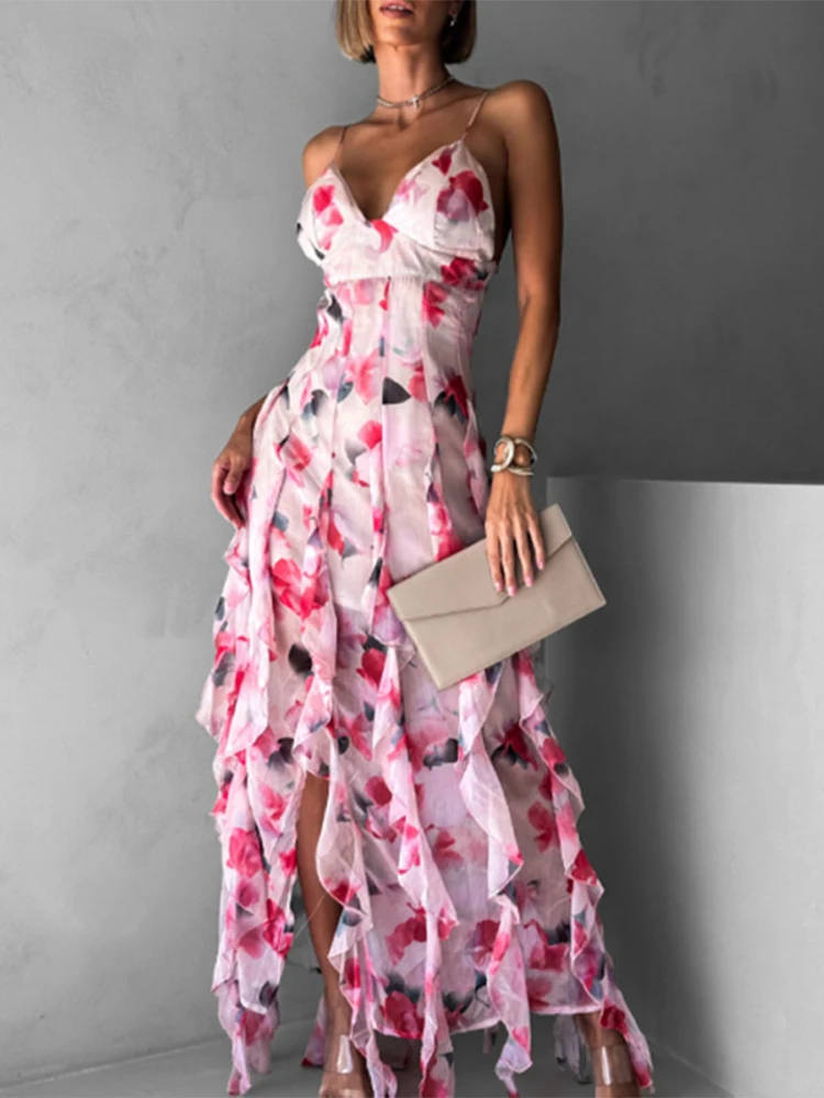 Pink Floral Print Spaghetti Strap Ruffled Hem Maxi Dress Women V-neck Robe 2025 New Summer Party Leisure Event Lady Vestidos