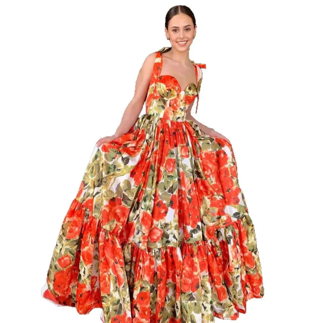 Fashionable Sea Anemone Print Halter Dress Women's French Button Large Skirt Mid-Length Midi Dress Polyester Fiber Square Collar - Image 5