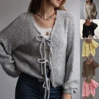 Women's round Neck Knitwear Cardigan Thick Wool Blend Butterfly Knot Belted Loose Fit Long Sleeve Street Style Autumn Fashion