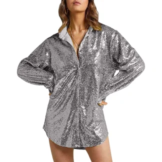 Women's Glitter Sequins Long Sleeve Shirts Elegant Nightclub Party Lapel Collar Suits Coat Plus Size Outerwear Shirts For Women