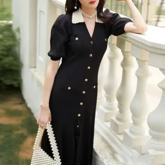 French Style Summer New V-neck Bubble Sleeve Dress Single Button Split Long Knitted Dress Slimming Empire Waist Ankle-length