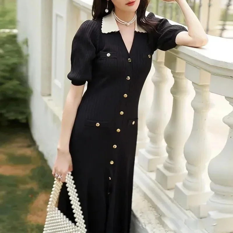 French Style Summer New V-neck Bubble Sleeve Dress Single Button Split Long Knitted Dress Slimming Empire Waist Ankle-length