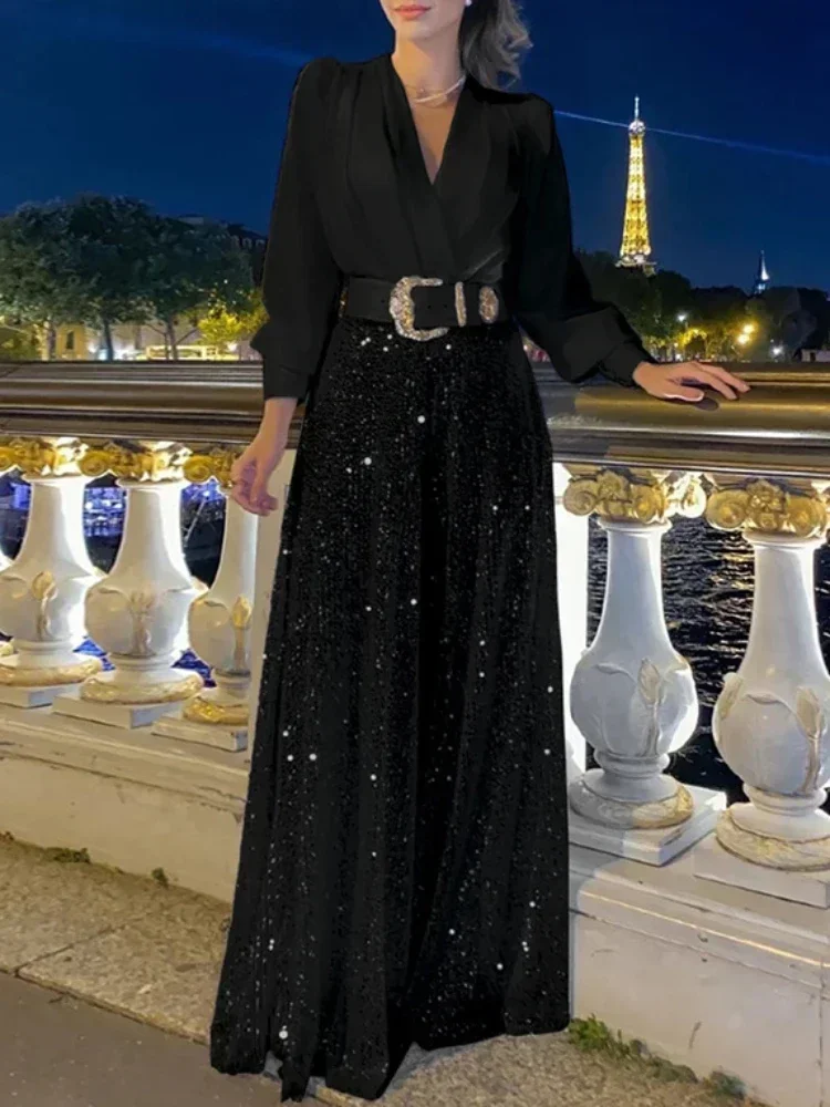 BWQ Splice Sequins Maxi Dresses For Women Fashion Folds Loose V Neck Elegant Dress Femme Party Evening Dresses Luxury - Image 4