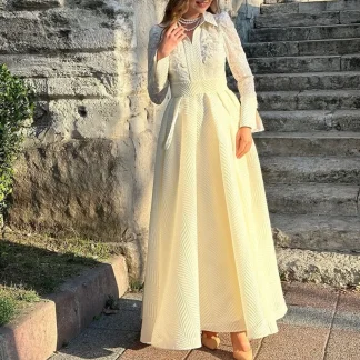 Classic Noble Court Style Long Skirt with 3D Beaded Lace Design for Women Elegant Vintage A- Line Gown High Waist Long Sleeve