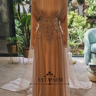 FATAPAESE Haute Couture Champagne Luxury Evening Dresses with Cape Exquisite Beaded High Neck Arabic Dresses for Wedding Party