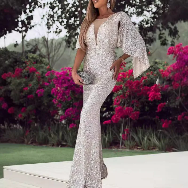 gala Cross-Border New Arrival Silver Fishtail Female Banquet Temperament Sexy Socialite Host Aura Queen Sequin Formal Dress - Image 3