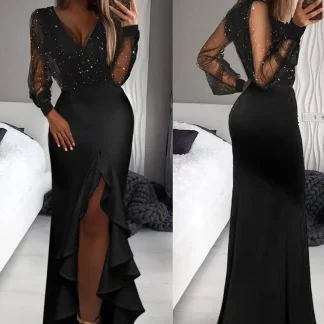 2025 New Black Bodycon Midi Dress Women's Elegant Mesh Sequin Office Long Skirt