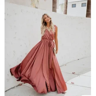 Bohemian Long Dress Maxi Skirt V Neck Sleeveless High Slit Color Block Floor Length a Line Gown Women's Fashion Cross Border