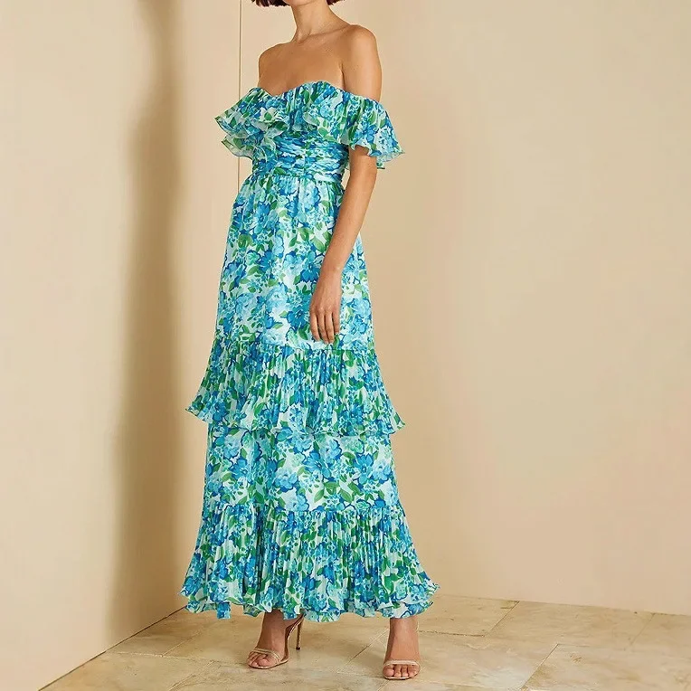 Elegant Fashionable Multi-Layered Strapless Chiffon Print Dress New Autumn Women's Clothing Short Sleeve Empire Waist Midi Dress - Image 2