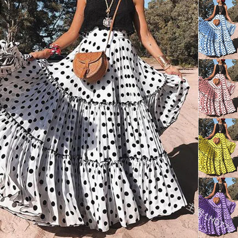 Spring Summer New High Waist Polka Dot Printed Long Skirt Beach Big Hem Boho Skirt Elegant Loose Ruffled Pleated Skirt Female - Image 6