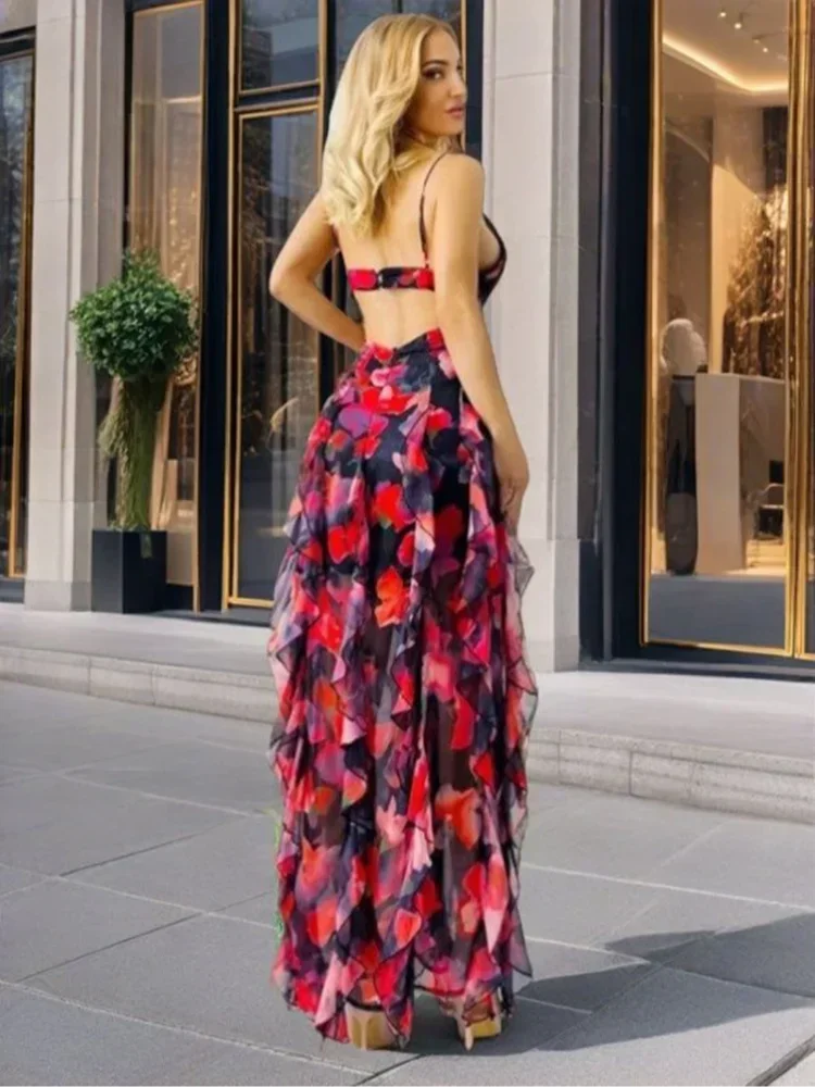 Pink Floral Print Spaghetti Strap Ruffled Hem Maxi Dress Women V-neck Robe 2025 New Summer Party Leisure Event Lady Vestidos - Image 4