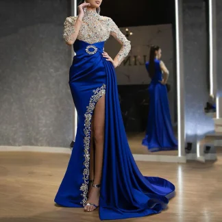 Blue Lace Spliced Long Dress Sexy round Neck Gown Elegant Commute Style Polyester Fabric Long Sleeve Midi Dress for Women