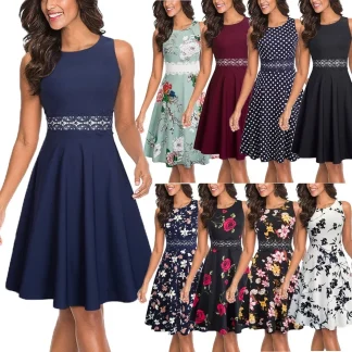 Summer Women's Elegant Sleeveless Lace Slim Waist Dress