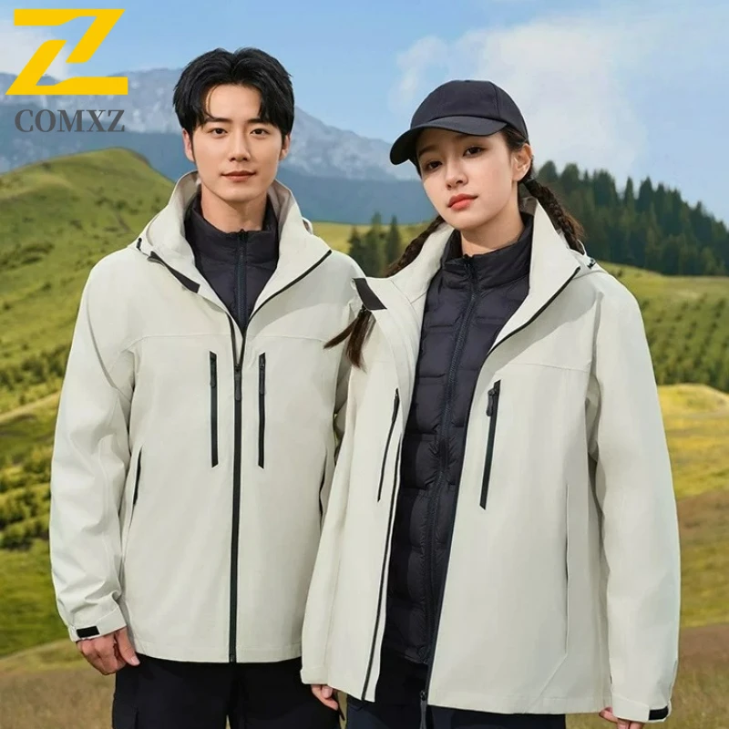 COMXZ Men Fake Two Piece Down Cotton Padded Winter American Style Thickened Jacket Hood Coat Waterproof Windproof Windbreaker