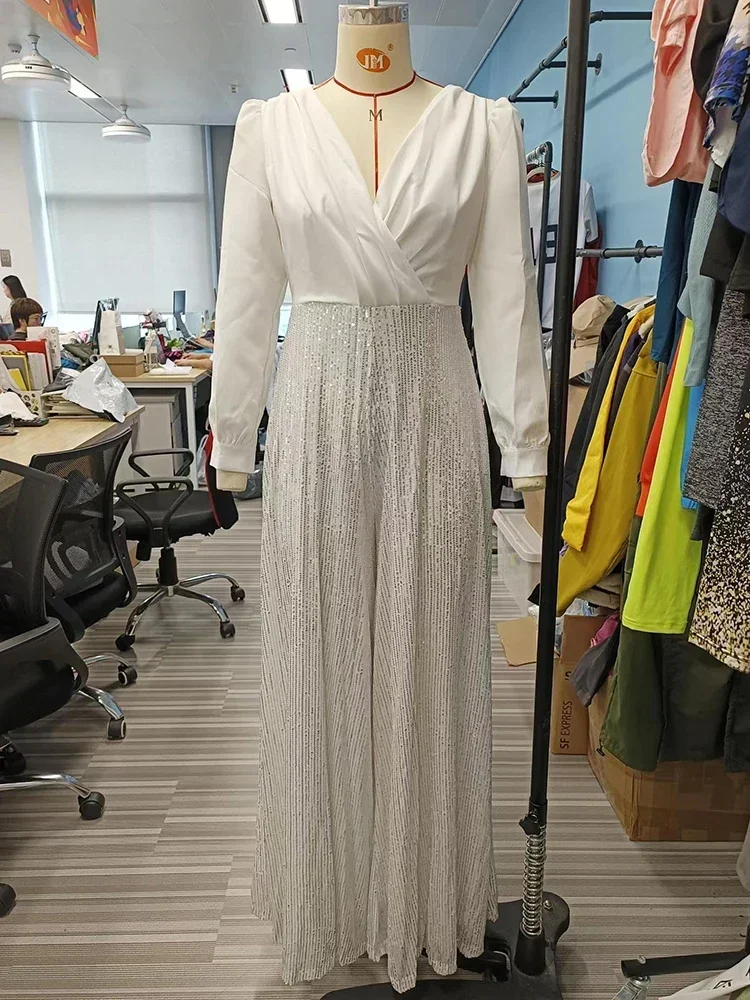 BWQ Splice Sequins Maxi Dresses For Women Fashion Folds Loose V Neck Elegant Dress Femme Party Evening Dresses Luxury - Image 6