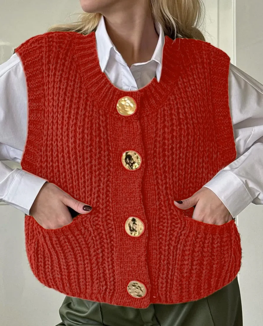 Knitted Vests Jackets Women Solid Coats Pocket Button Round Neck Sleeveless Single Breasted Loose Office Lady Casual 2025 Spring - Image 6