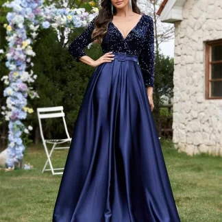 Luxury Long Sleeve V-Neck Satin Formal Evening Dresses 2025 Elegant Wedding Party Sequins Women Prom Cocktail Gowns