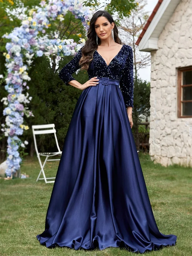 Luxury Long Sleeve V-Neck Satin Formal Evening Dresses 2025 Elegant Wedding Party Sequins Women Prom Cocktail Gowns