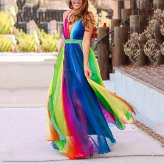 Rainbow Chiffon Spaghetti Strap Dresses Women Sexy Deep V-neck Backless Long Dress Fashion Elegant Ladies Evening Party Vestidos