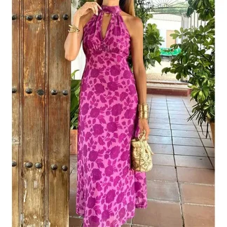 Elegant Printed Dress for Women Sexy Sleeveless Halter Backless Hollow Out Long Dresses Summer 2025 New Simple Fashion Vestidos