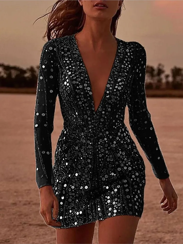 2025 Women's Deep V-neck Sequin Mini Dress Fashion Elegant Evening Dresses Temperament See Through Lace Long Sleeve Vestidos - Image 3