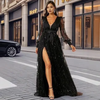 Women's Long Evening Dress Elegant Autumn Winter New Black Silk Mesh Sequins Brightly Stated Gown For Party Formal Affairs
