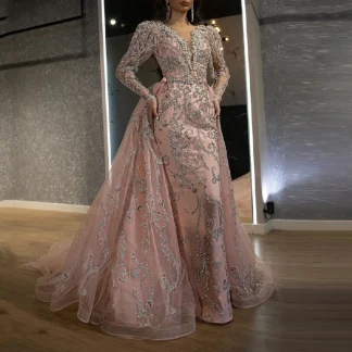 New Elegant Champagne Feather Long Sleeve Evening Gown Luxury 2023 Dubai Beaded Muslim Women Wedding Fashion Sequin Dress