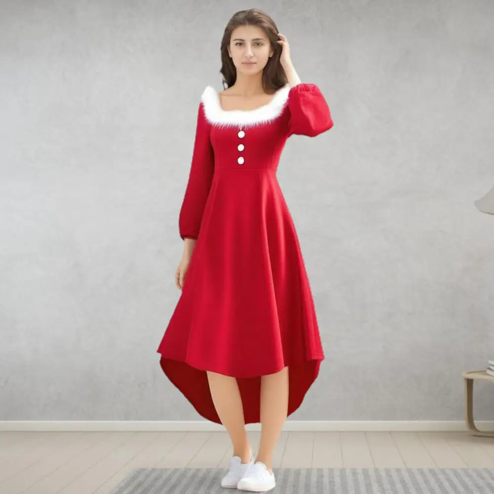 Women Holiday Red Dress Christmas Performance Dress Square Neck White Ripped Edges Dress Santa Cosplay Outfit Women Maxi Dresses - Image 5