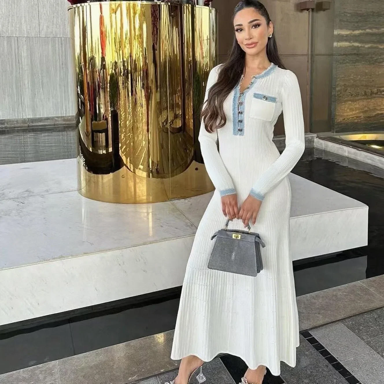 Slimming Effectiveness Long Sleeve round Neck Knitted Dress Cross-Border Jeans Maxi Dress Simple And Elegant Long Dress