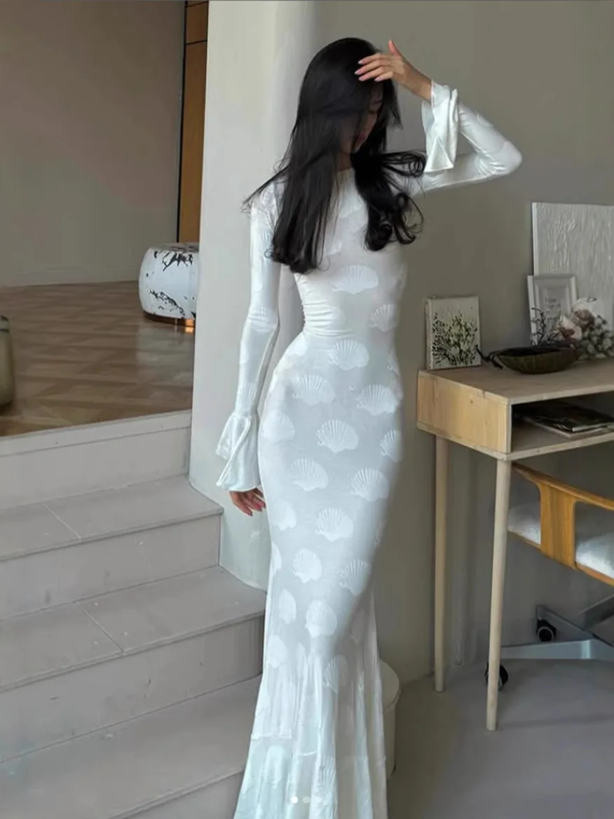 Elegant Long Sleeve Wrap Dress round Neck Bell Sleeve Backless Strap Design Pure Desire Style Cross-Border Women's Fashion Dress