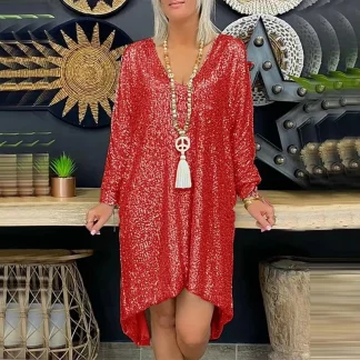 Sequin Sexy V Neck Sparkling Casual Fashionable Vacation Dress Women's Shiny Long Sleeved Irregular Party Dress Vacation 2025