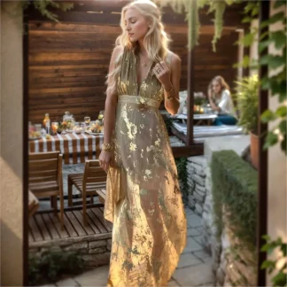 Sexy Deep V Neck Sleeveless Women's Party Gold Dresses Summer New Fashion Slim Waist Elegant Female Maxi Dress 2025