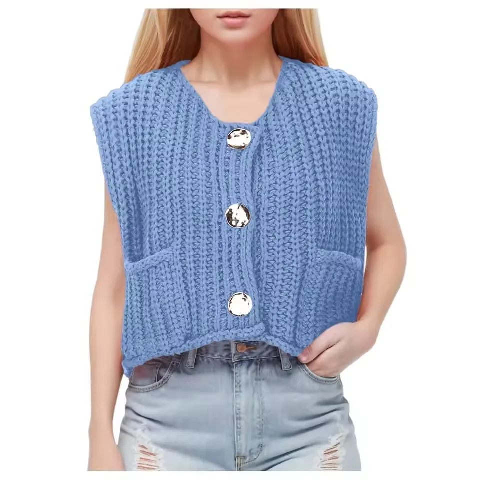 V-Neck Pocket Three-Button Sleeveless Open Cardigan Knitted Vest Women's Fashion Autumn Winter New Arrival Regular Fit - Image 2