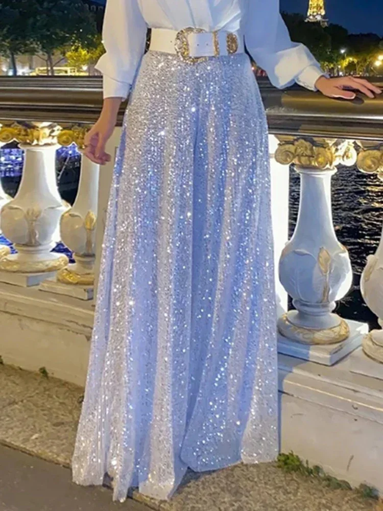 BWQ Splice Sequins Maxi Dresses For Women Fashion Folds Loose V Neck Elegant Dress Femme Party Evening Dresses Luxury - Image 3