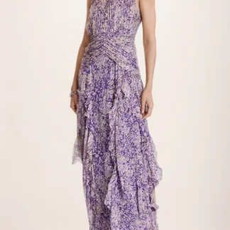 Elegant Print Flowers Tiers Ruffles Long Purple Dress