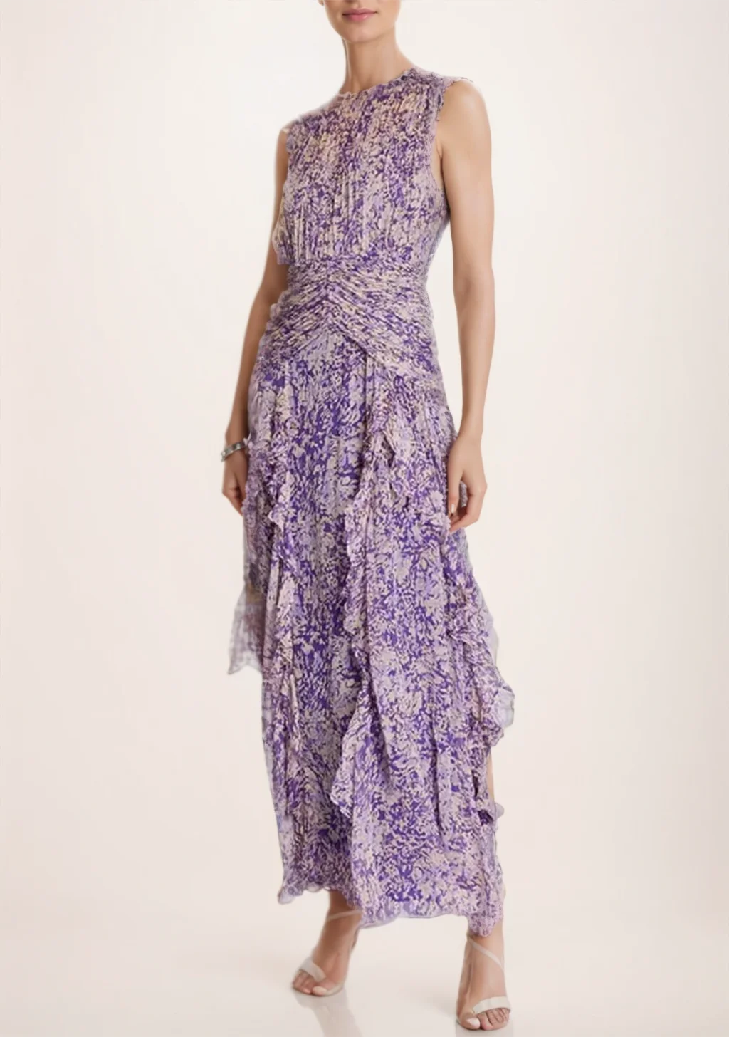 Elegant Print Flowers Tiers Ruffles Long Purple Dress