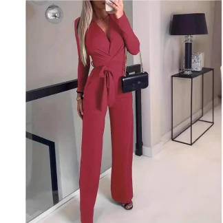 Elegant Pure Color One-Piece Suit V-Neck Jumpsuit Women's Long Pants Nine Points Seven Points Five Points Pants