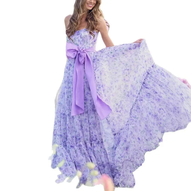 2025 Spring and Summer New Women's Floral French Sexy V-neck Ruffled Skirt with Suspenders Elegant Sleeveless Dress Lady - Image 5