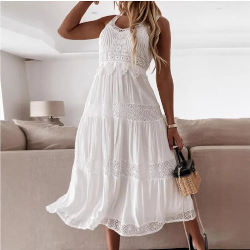 Sexy Lace Women's Summer Long Dress Casual Sleeveless Lace White Beach Sundress Elegant Evening Party Prom Maxi Dresses Female - Image 6