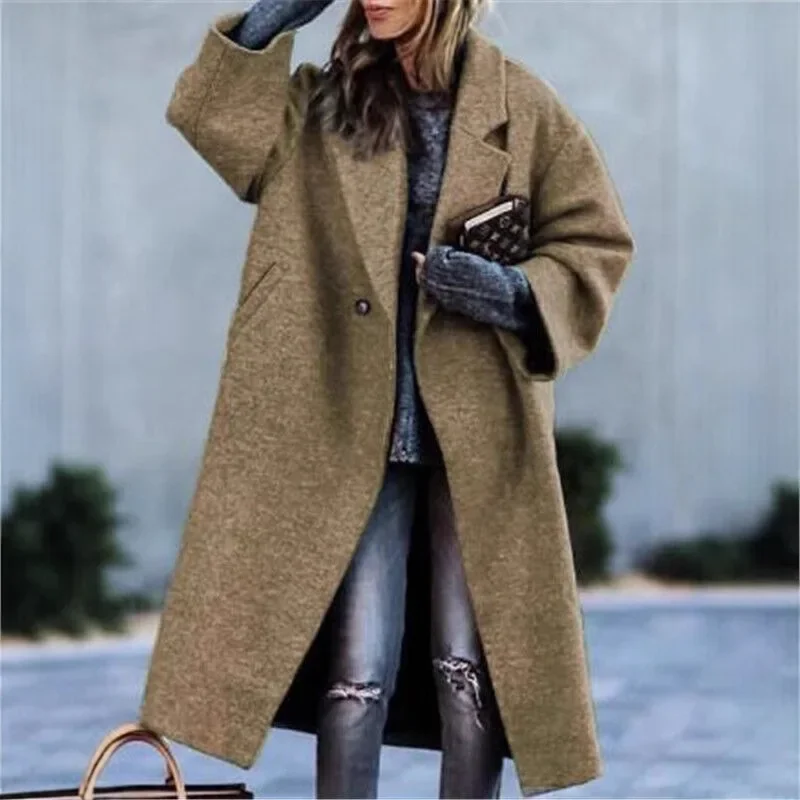 Spring Hot Sale Of The Season Women's Casual Long Pure Color Warm Woolen Coat Durable Polyester Fiber V-Neck Full Sleeve Geometr - Image 3