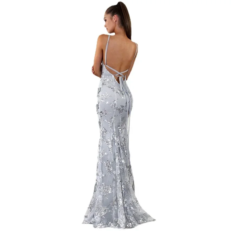 2024 New Women's Fashion European-american Style V-neck Backless Sequin Strapless Gown Sleeveless Dress For All Seasons - Image 3