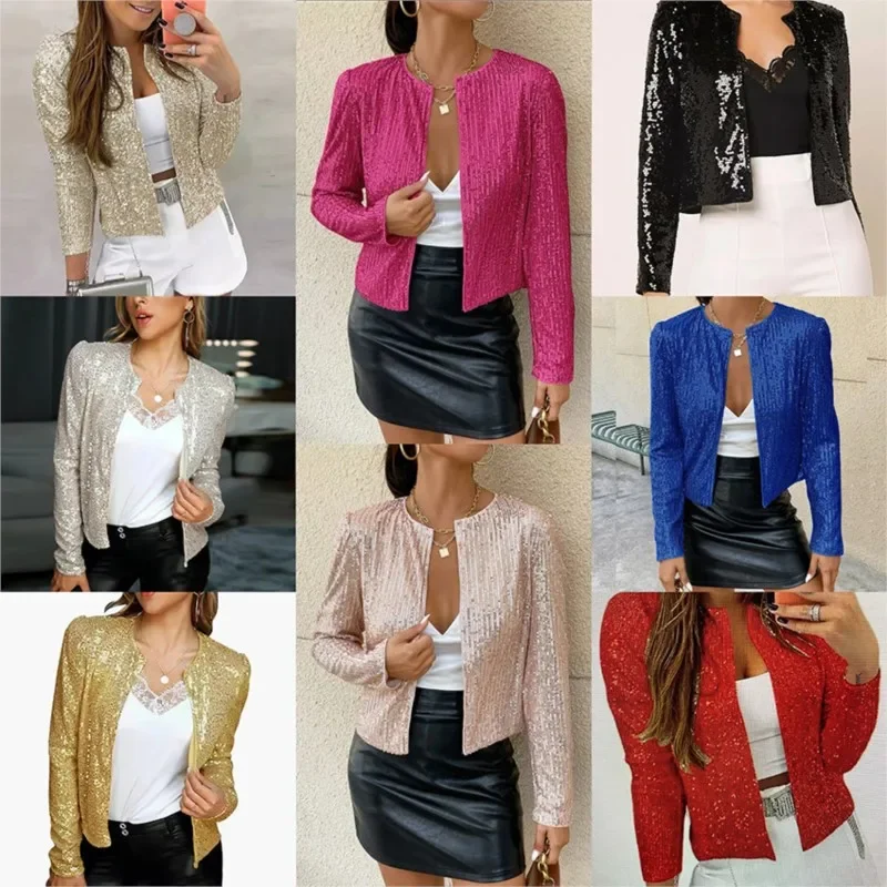 Elegant Chic Blazer Shining Sequins Short Coat New Fashion Long O-neck Cardigan Jacket Open Front Outwear Female Clothing - Image 2